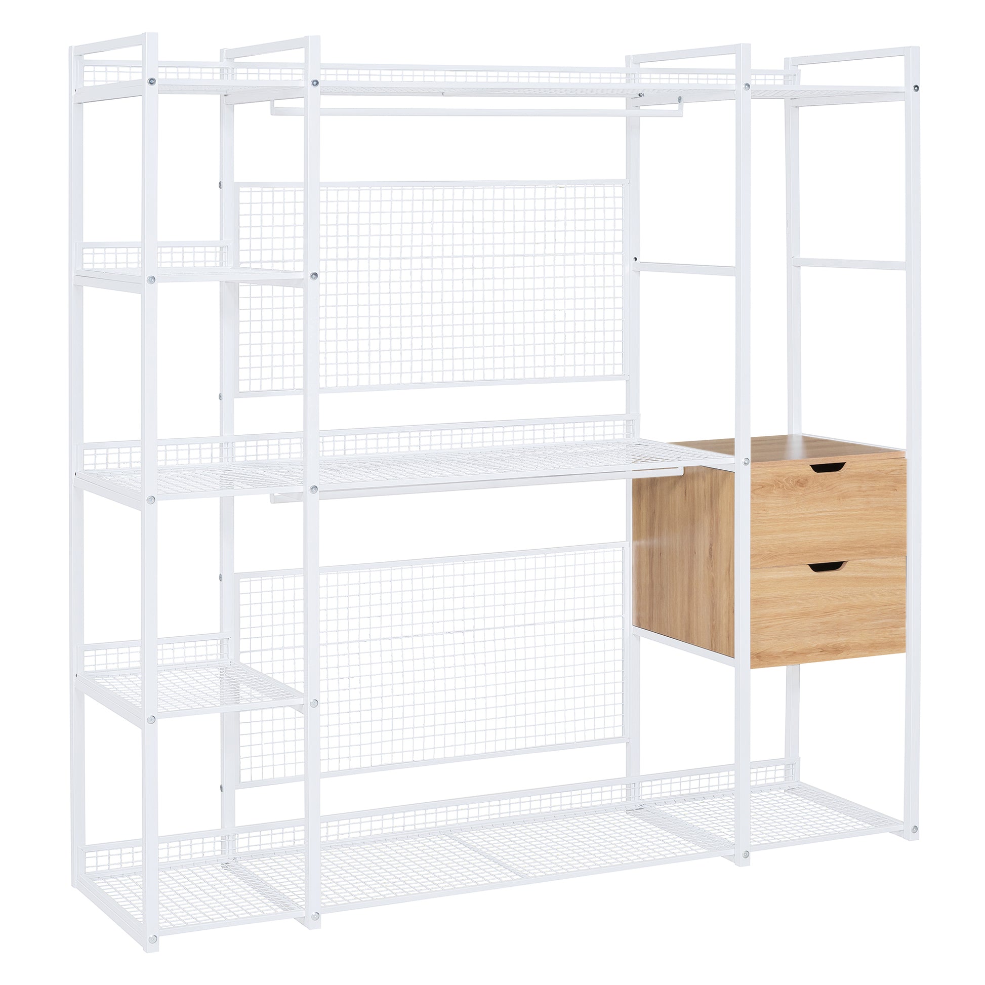 Open-Style Wardrobe with Hanging Rails, Shelves and Drawers, White-UH Decor-Default-Urbanheer
