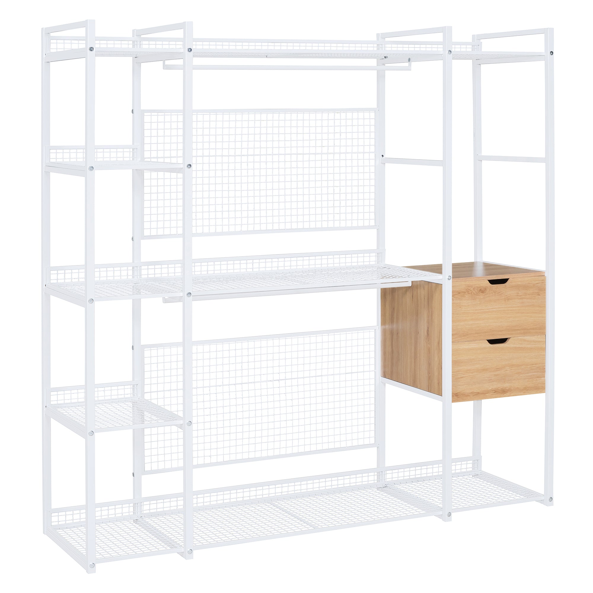 Open-Style Wardrobe with Hanging Rails, Shelves and Drawers, White-UH Decor-Default-Urbanheer