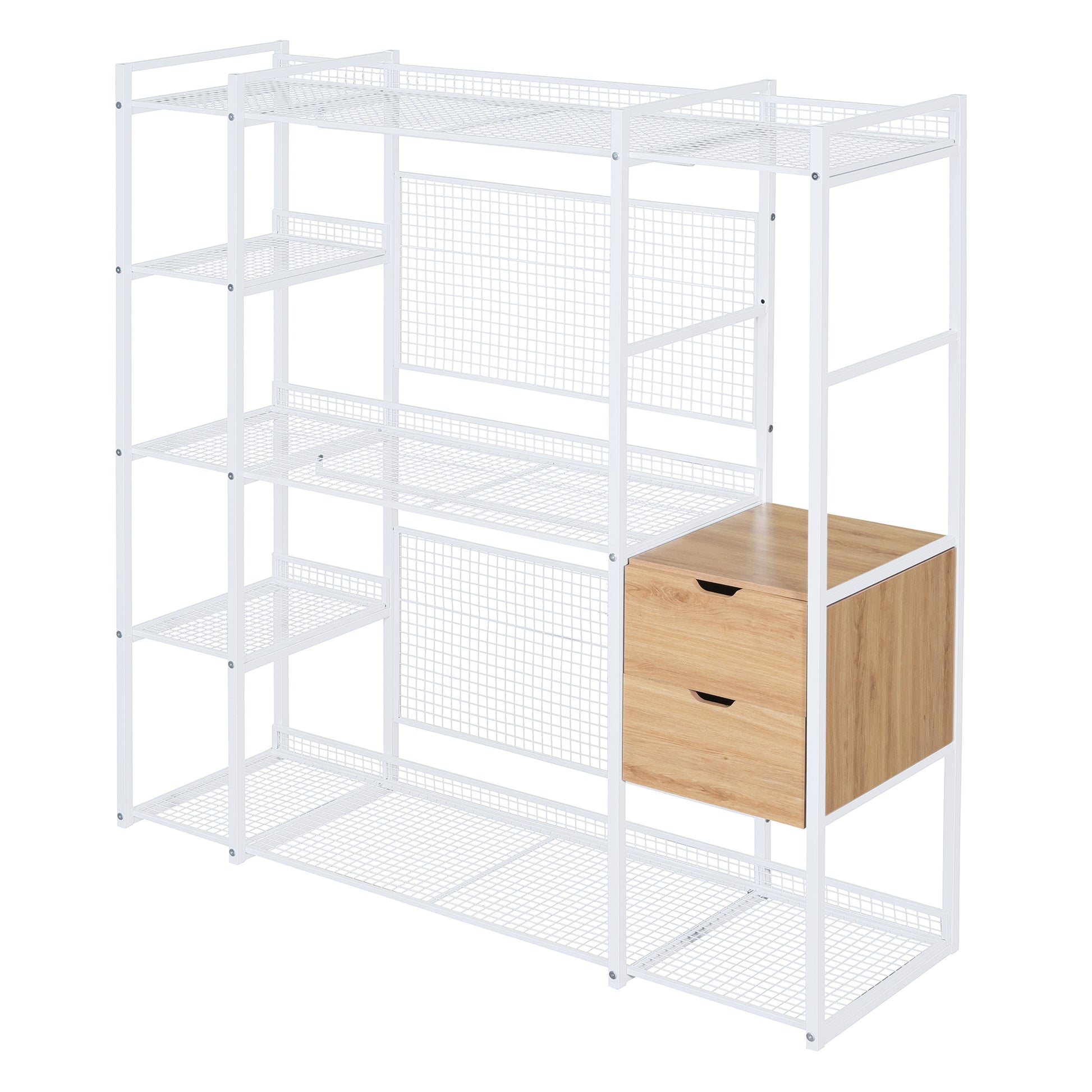Open-Style Wardrobe with Hanging Rails, Shelves and Drawers, White-UH Decor-Default-Urbanheer
