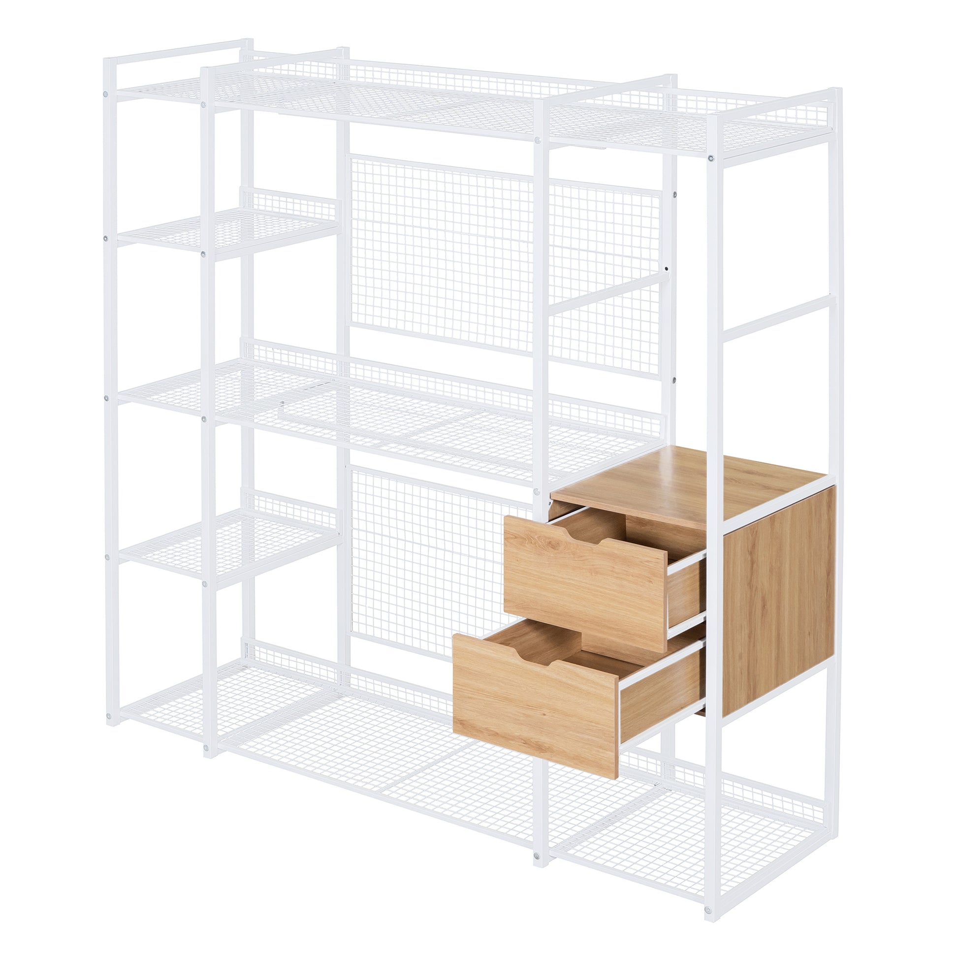 Open-Style Wardrobe with Hanging Rails, Shelves and Drawers, White-UH Decor-Default-Urbanheer