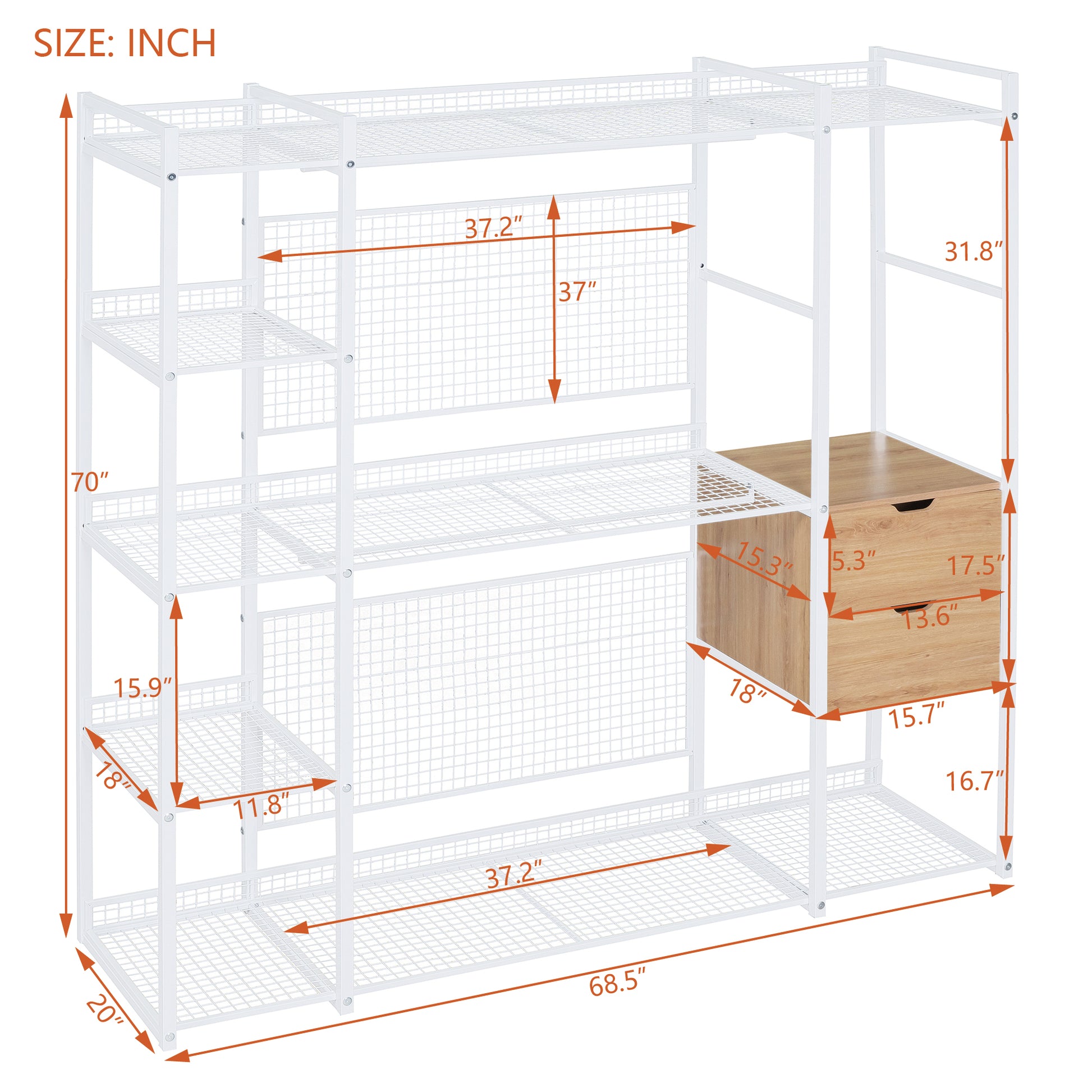 Open-Style Wardrobe with Hanging Rails, Shelves and Drawers, White-UH Decor-Default-Urbanheer
