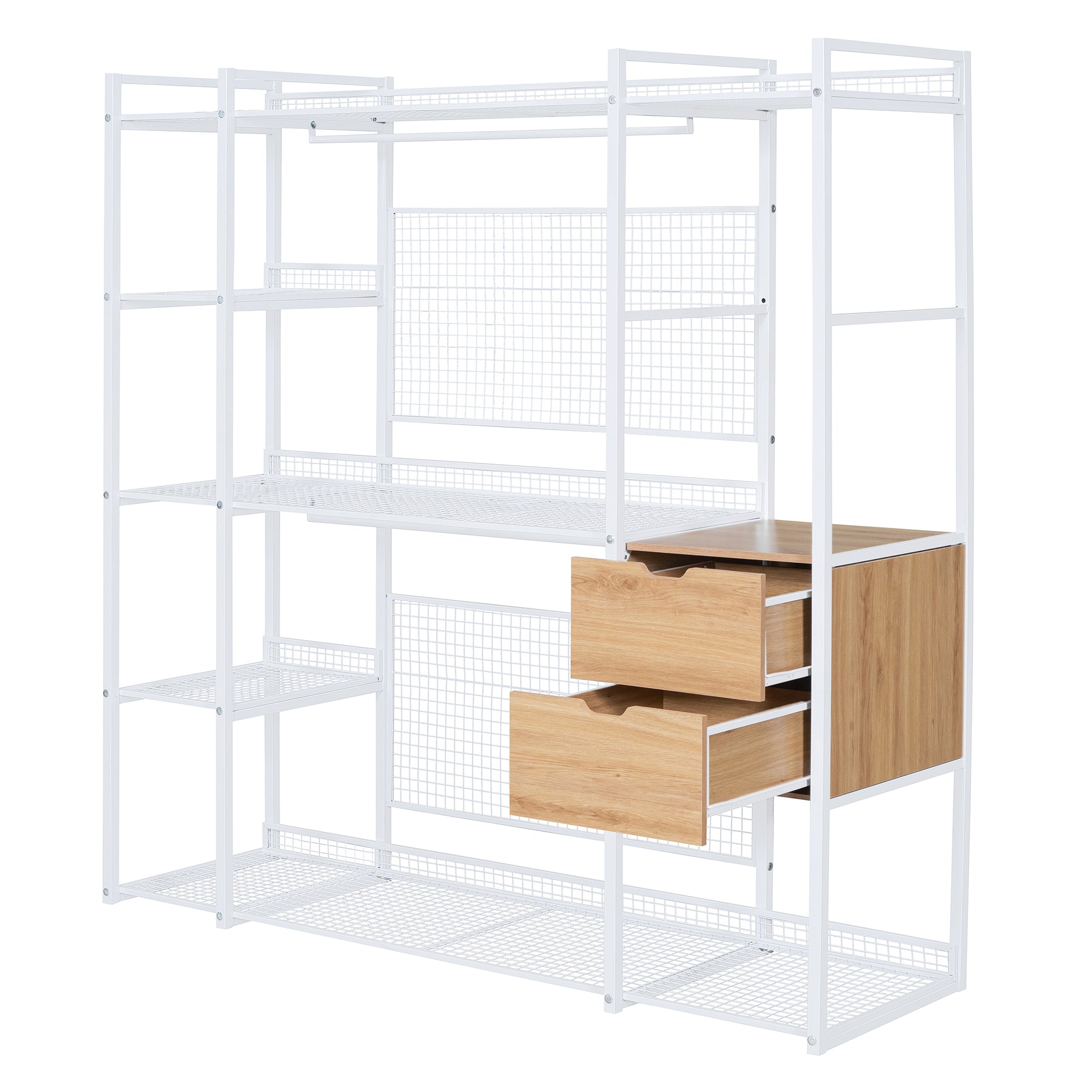 Open-Style Wardrobe with Hanging Rails, Shelves and Drawers, White-UH Decor-Default-Urbanheer