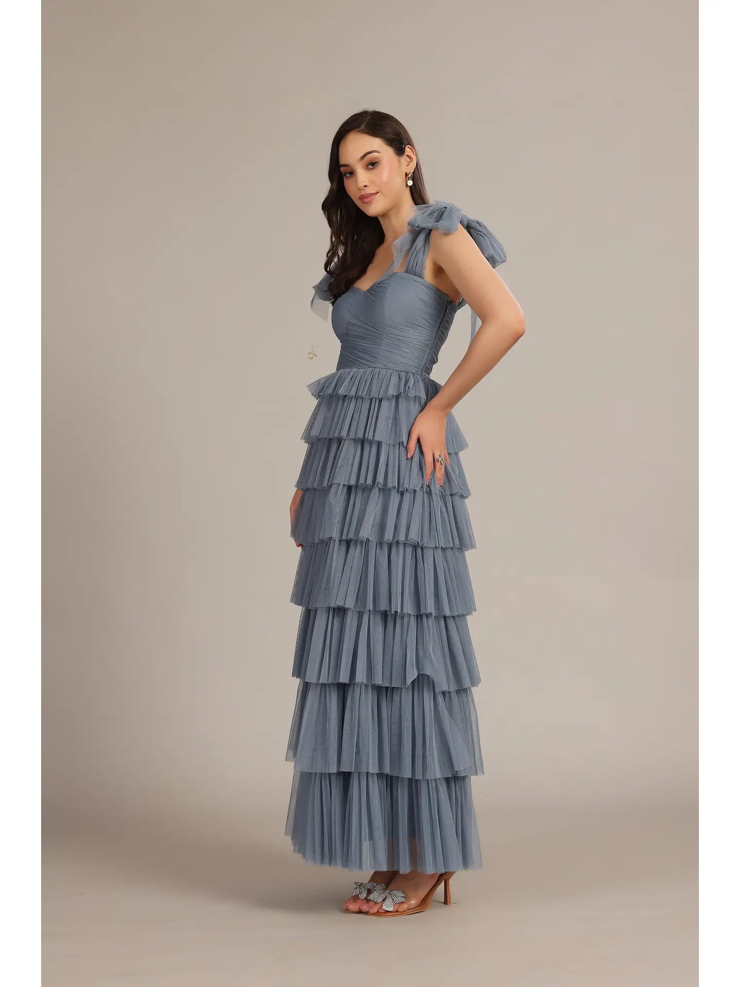 Ophelia Tulle Maxi Dress with Tie Detail in Dusty Blue UK20 / Dusty Blue Ophelia Tulle Maxi Dress with Tie Detail in Dusty Blue UK20 / Dusty Blue