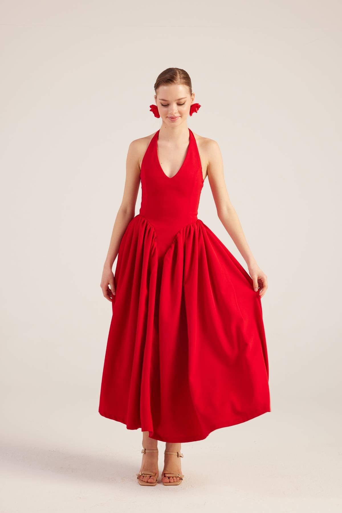 Ophelia Red Princess Style Maxi Dress-Halter Dresses-Buy Me Fur Ltd-Red-L-Polyester - Elastane Blend-Urbanheer