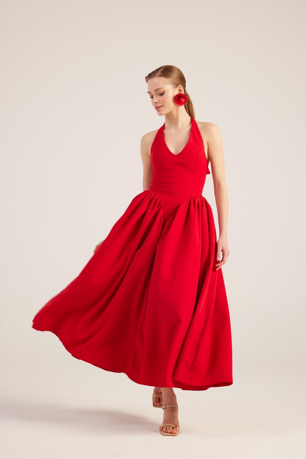 Ophelia Red Princess Style Maxi Dress-Halter Dresses-Buy Me Fur Ltd-Red-L-Polyester - Elastane Blend-Urbanheer