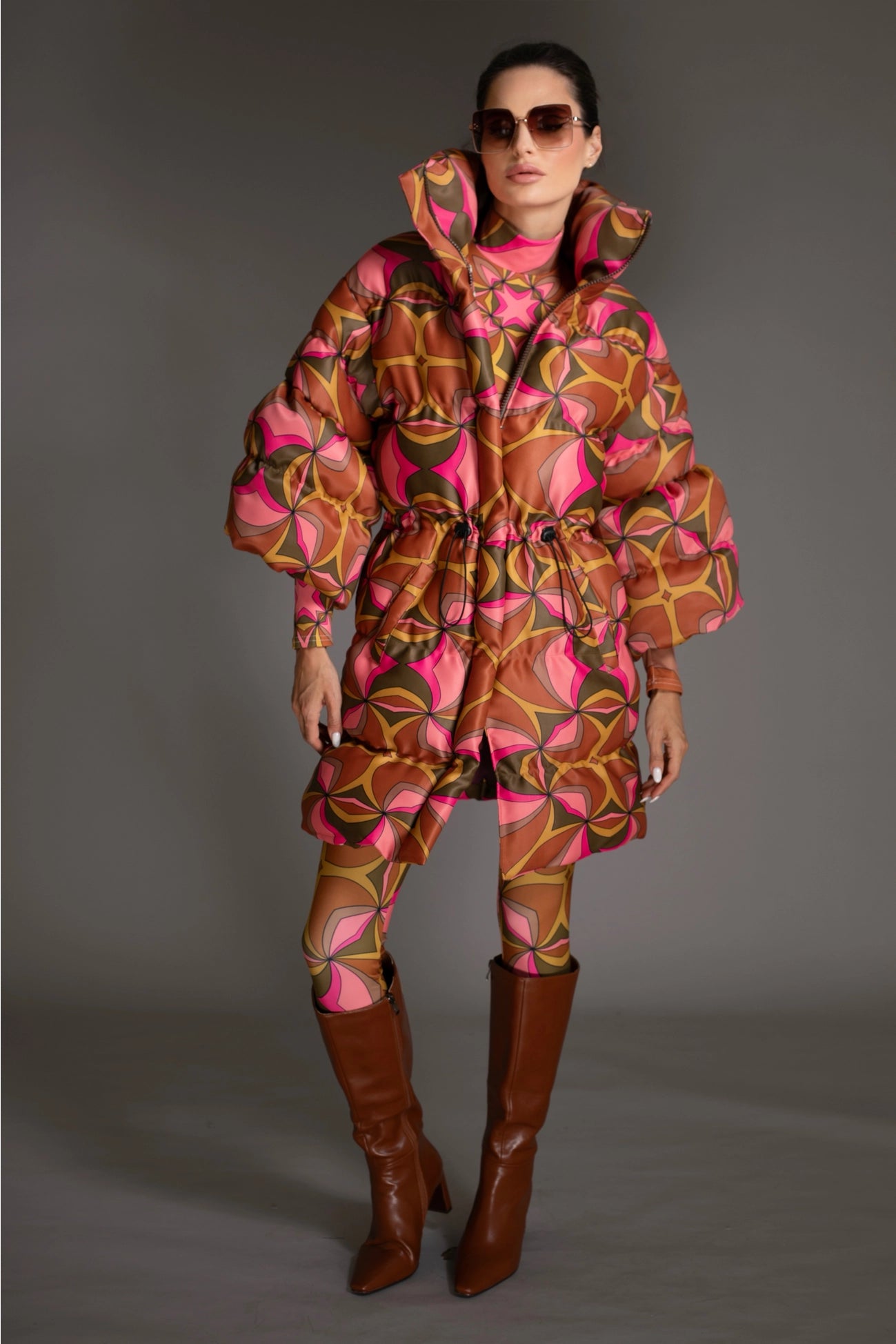 Orange Abstract Puff Sleeve Quilted Puffer Coat