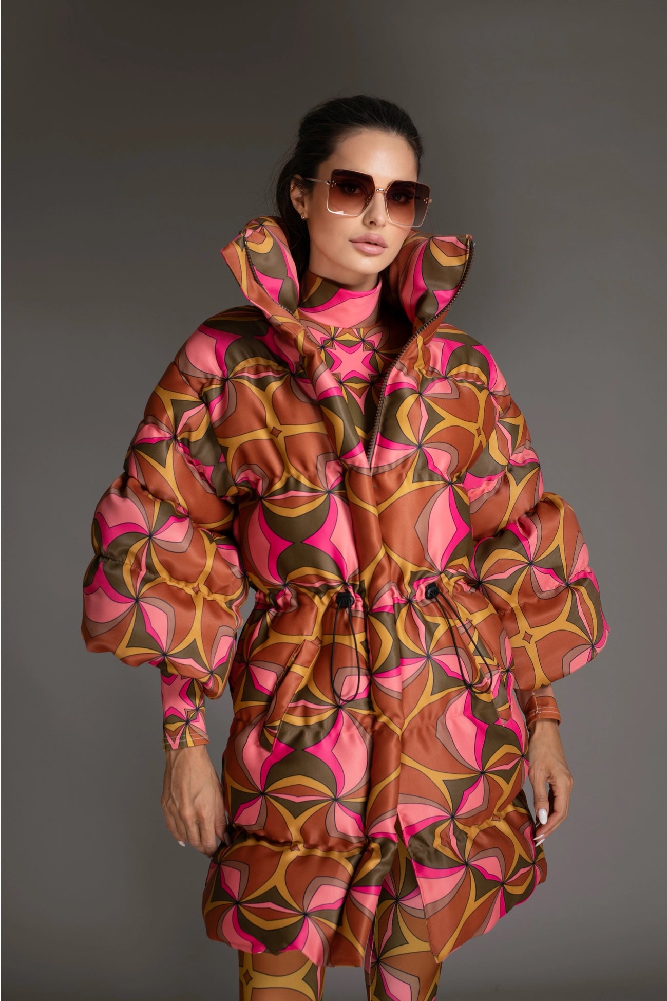Orange Abstract Puff Sleeve Quilted Puffer Coat