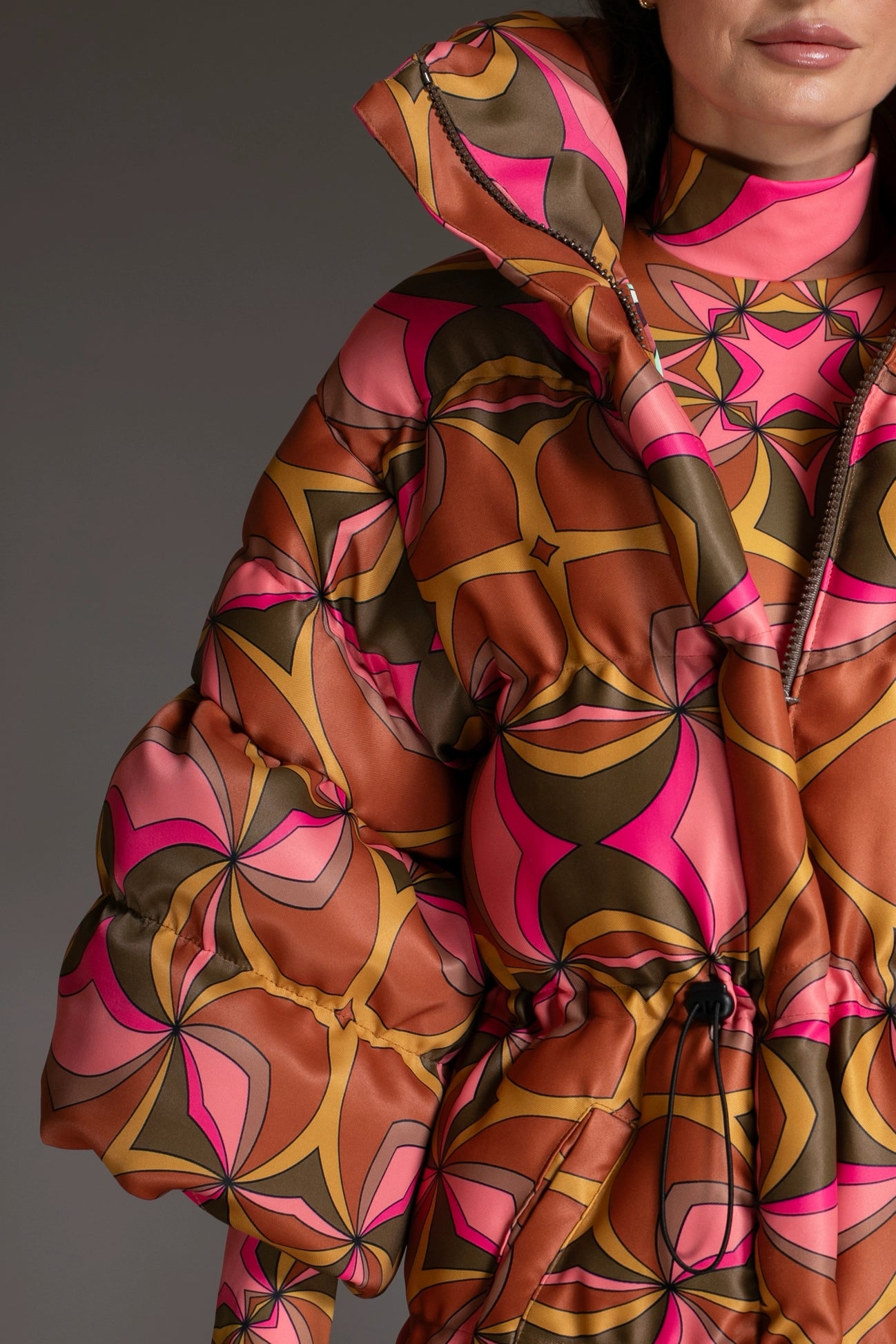 Orange Abstract Puff Sleeve Quilted Puffer Coat