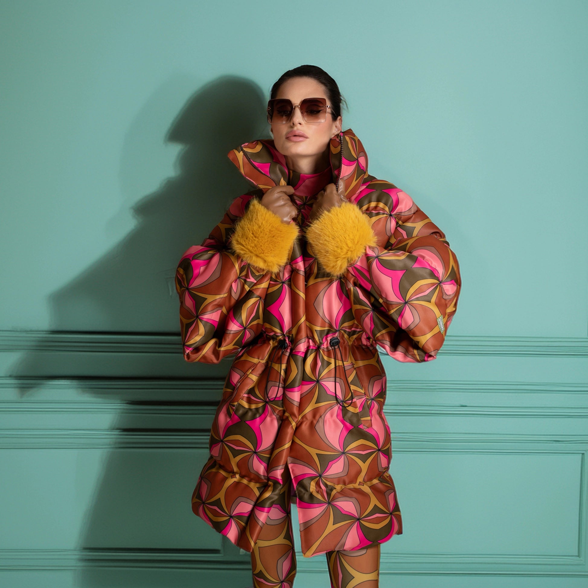 Orange Abstract Puff Sleeve Quilted Puffer Coat