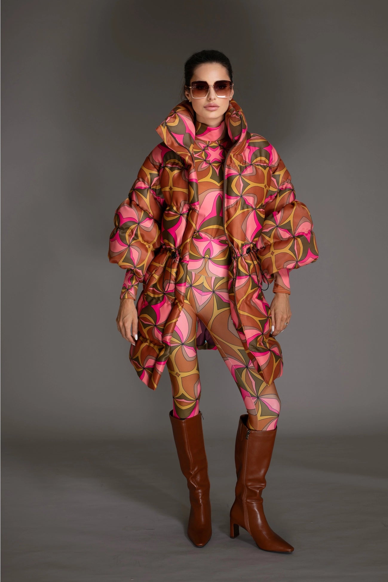 Orange Abstract Puff Sleeve Quilted Puffer Coat