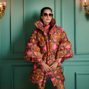 Orange Abstract Puff Sleeve Quilted Puffer Coat