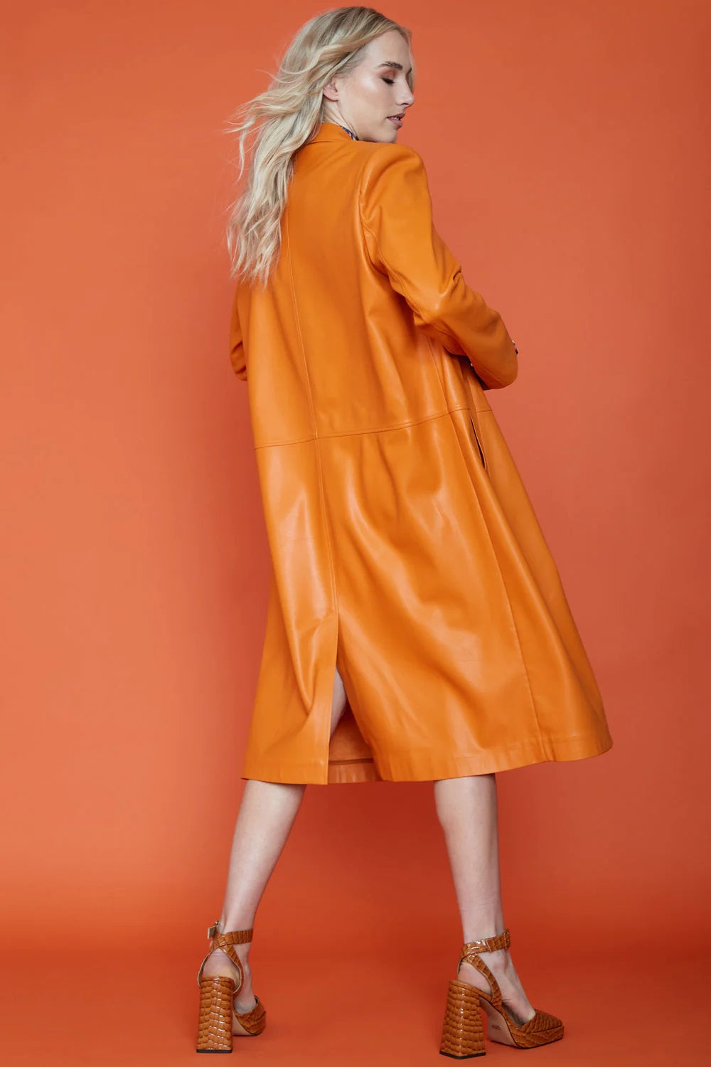 Orange Eco Leather Trench Coat-Faux Leather Coats-Buy Me Fur Ltd-S-M-Orange-Faux Leather-Urbanheer
