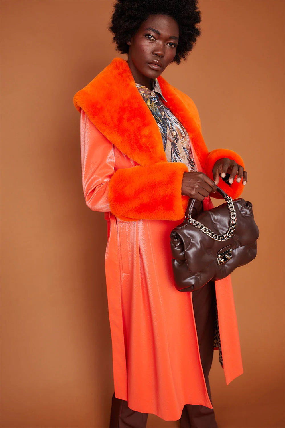 Orange Faux Suede Trench Coat with Faux Fur Collar and Cuffs-Faux Leather Coats-Buy Me Fur Ltd-S-M-Orange-Faux Suede-Urbanheer