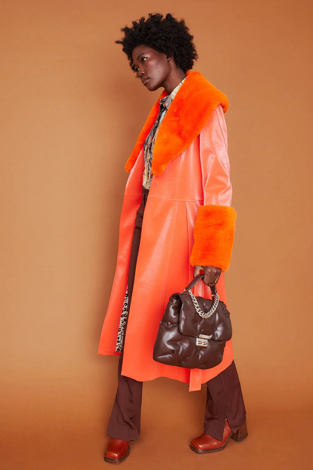 Orange Faux Suede Trench Coat with Faux Fur Collar and Cuffs-Faux Leather Coats-Buy Me Fur Ltd-S-M-Orange-Faux Suede-Urbanheer
