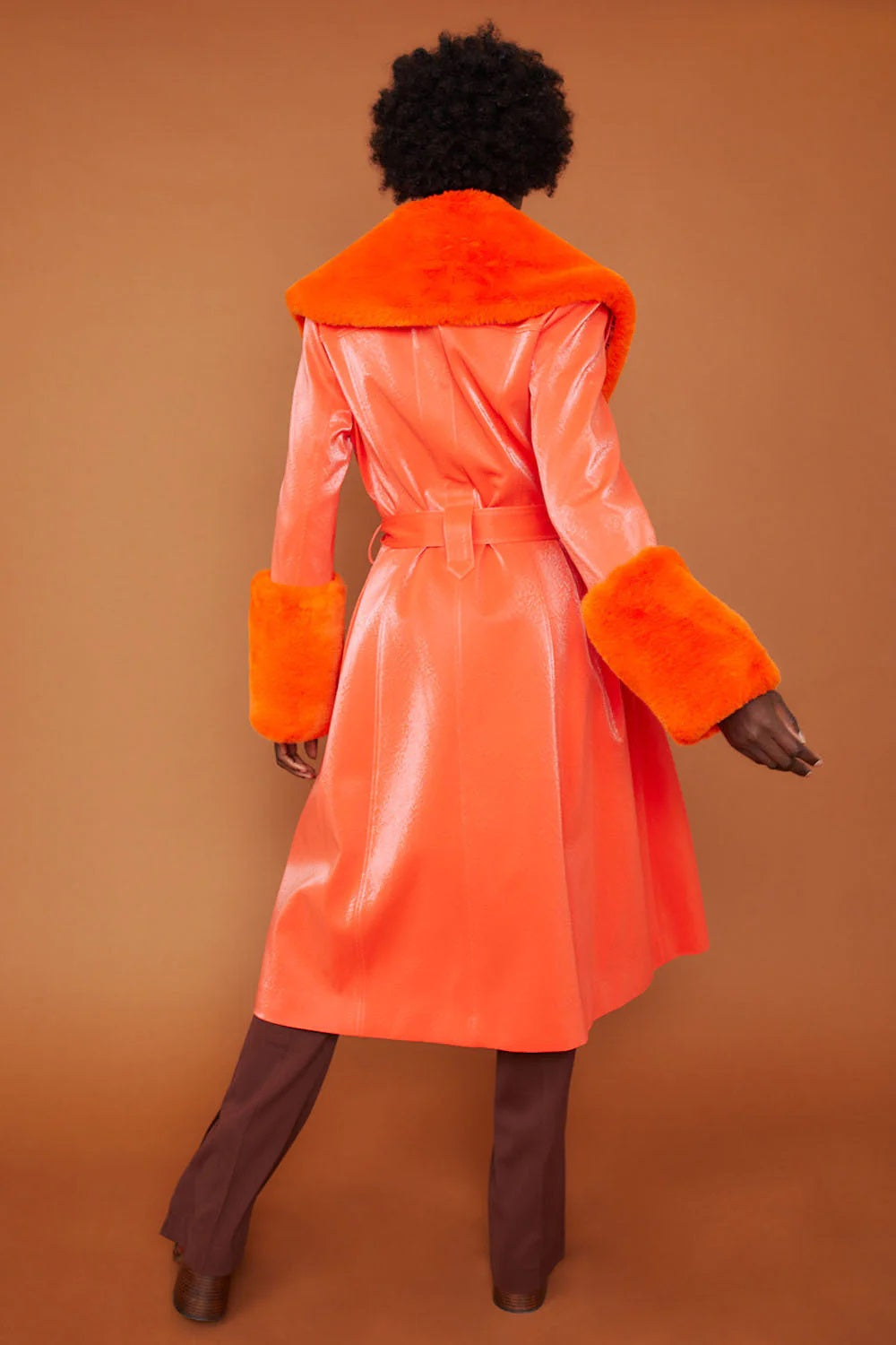 Orange Faux Suede Trench Coat with Faux Fur Collar and Cuffs-Faux Leather Coats-Buy Me Fur Ltd-S-M-Orange-Faux Suede-Urbanheer