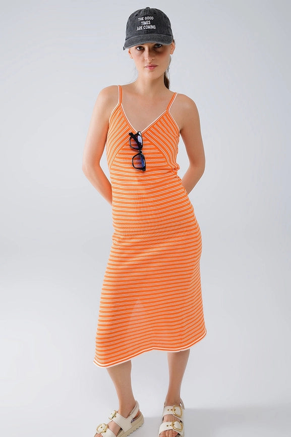 Orange Midi Dress with Stripes and Spaghetti Straps-Dress-Q2-S-Orange-Urbanheer