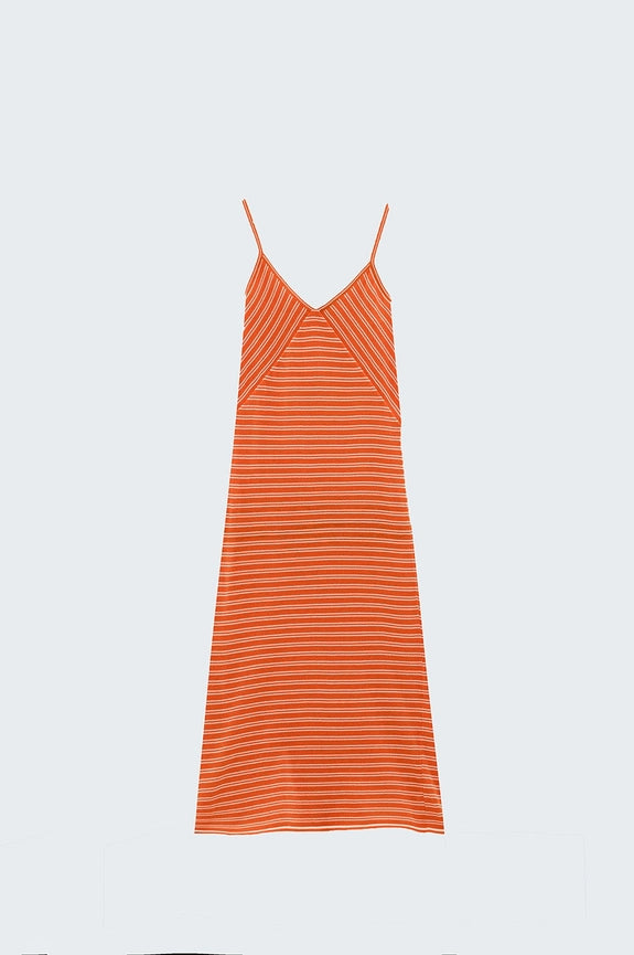 Orange Midi Dress with Stripes and Spaghetti Straps-Dress-Q2-S-Orange-Urbanheer