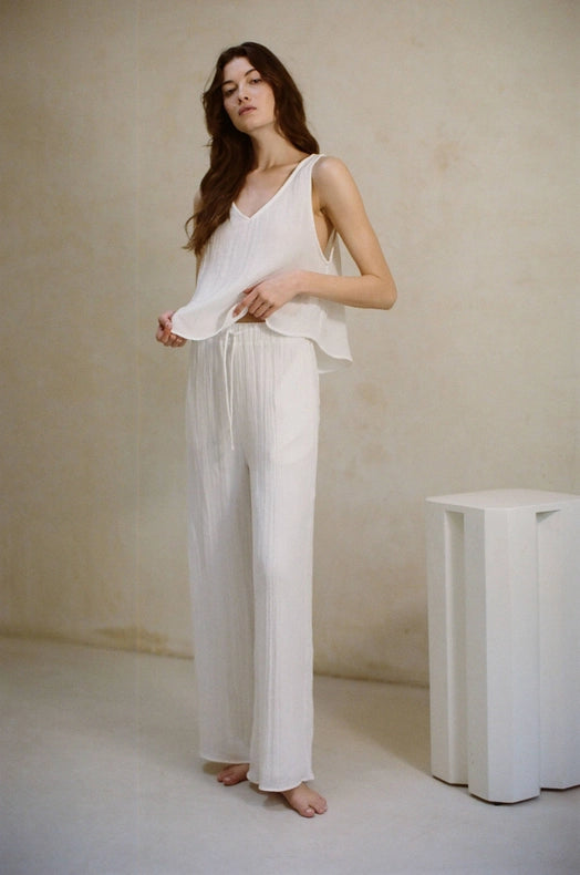 Organic Cotton Gauze V Neck Sleeveless Top-Top-a.ren-S-Off White-Urbanheer