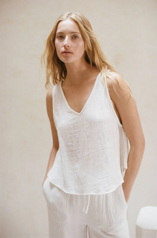 Organic Cotton Gauze V Neck Sleeveless Top-Top-a.ren-S-Off White-Urbanheer