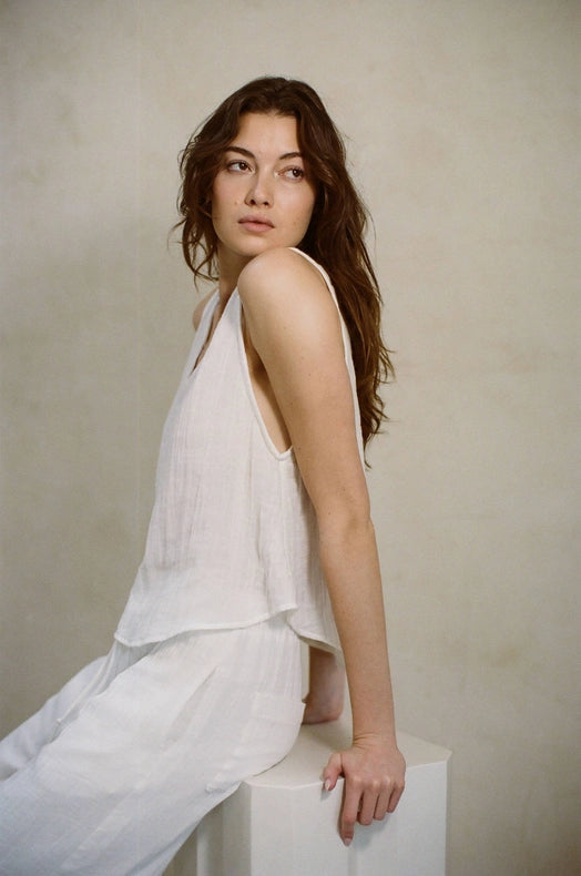 Organic Cotton Gauze V Neck Sleeveless Top-Top-a.ren-S-Off White-Urbanheer