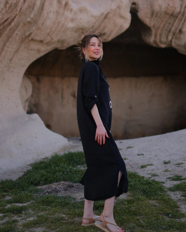 Organic Muslin Cotton White Shirt Black-Shirt-Moa-Bust: 40.5 inches - (102 cm) Belt: 41 inches - (104 cm) Hip: 42.5 inches - (108 cm) Length: 44 inches - (112 cm)-Urbanheer