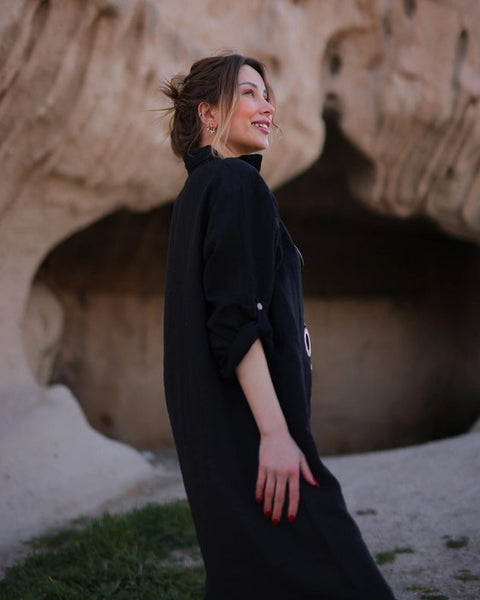 Organic Muslin Cotton White Shirt Black-Shirt-Moa-Bust: 40.5 inches - (102 cm) Belt: 41 inches - (104 cm) Hip: 42.5 inches - (108 cm) Length: 44 inches - (112 cm)-Urbanheer