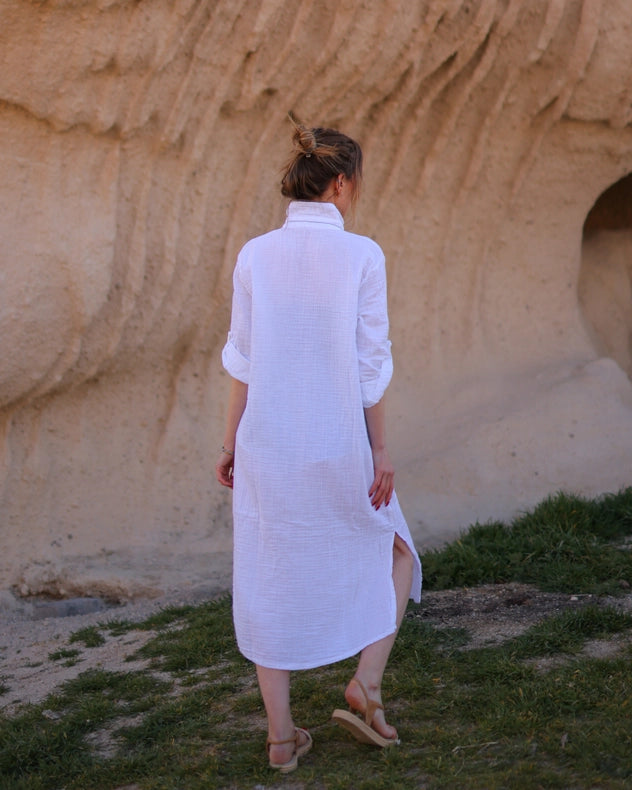 Organic Muslin Cotton White Shirt White-Shirt-Moa-Bust: 40.5 inches - (102 cm) Belt: 41 inches - (104 cm) Hip: 42.5 inches - (108 cm) Length: 44 inches - (112 cm)-Urbanheer