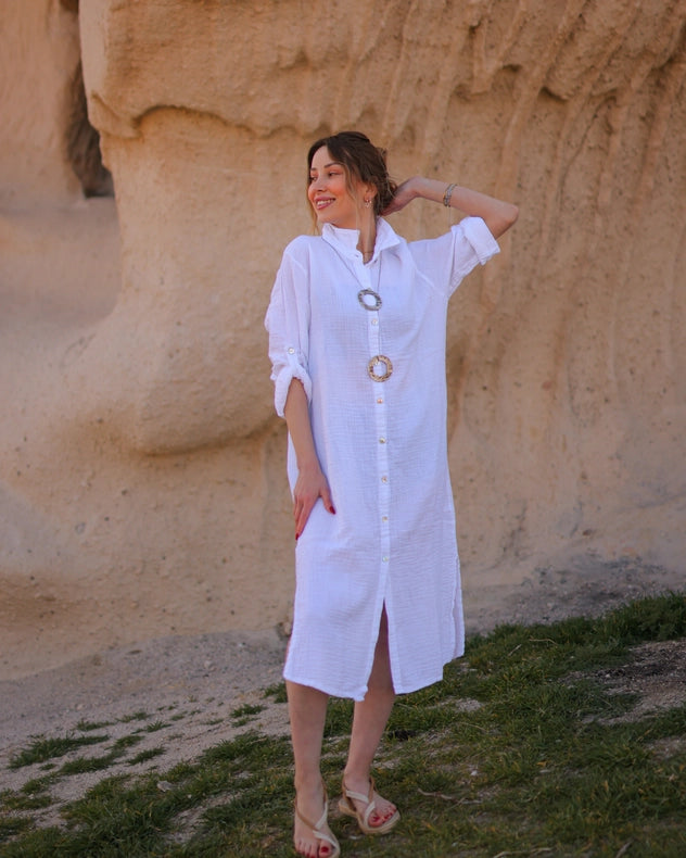 Organic Muslin Cotton White Shirt White-Shirt-Moa-Bust: 40.5 inches - (102 cm) Belt: 41 inches - (104 cm) Hip: 42.5 inches - (108 cm) Length: 44 inches - (112 cm)-Urbanheer