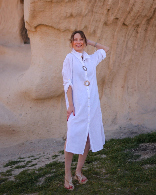 Organic Muslin Cotton White Shirt White-Shirt-Moa-Bust: 40.5 inches - (102 cm) Belt: 41 inches - (104 cm) Hip: 42.5 inches - (108 cm) Length: 44 inches - (112 cm)-Urbanheer