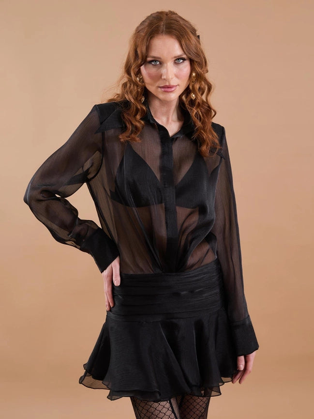 Organza Draped Flounce Mini Dress Black-Dress-JUSTE-34-Black-Urbanheer