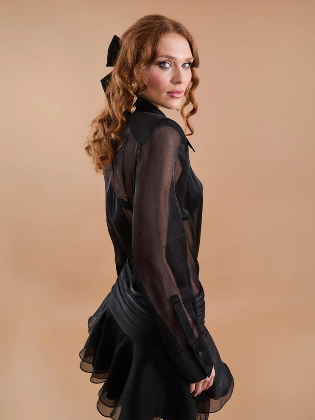 Organza Draped Flounce Mini Dress Black-Dress-JUSTE-34-Black-Urbanheer