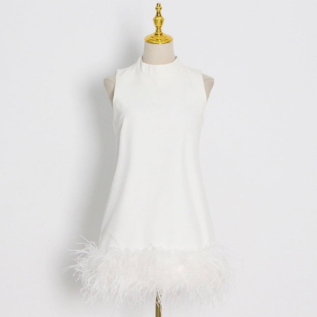 Ostrich Feather Turtleneck Sleeveless Shift Dress White-Dress-Productseeker-S-Urbanheer