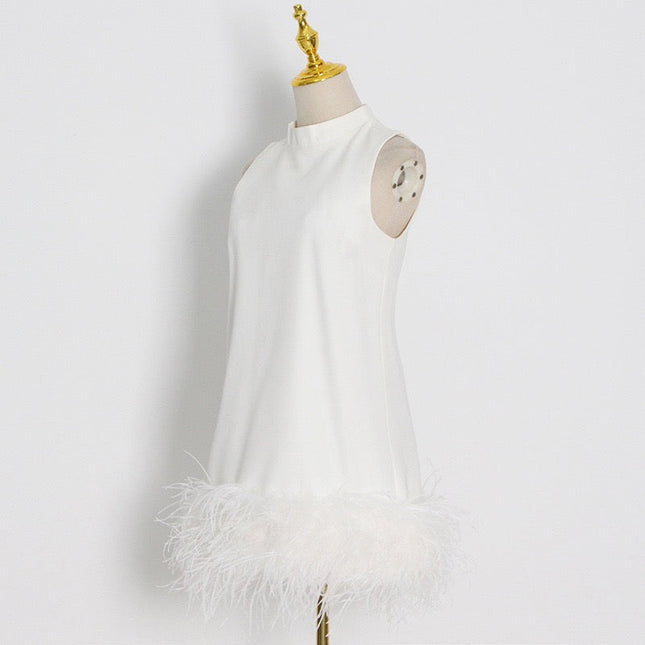 Ostrich Feather Turtleneck Sleeveless Shift Dress White-Dress-Productseeker-Urbanheer