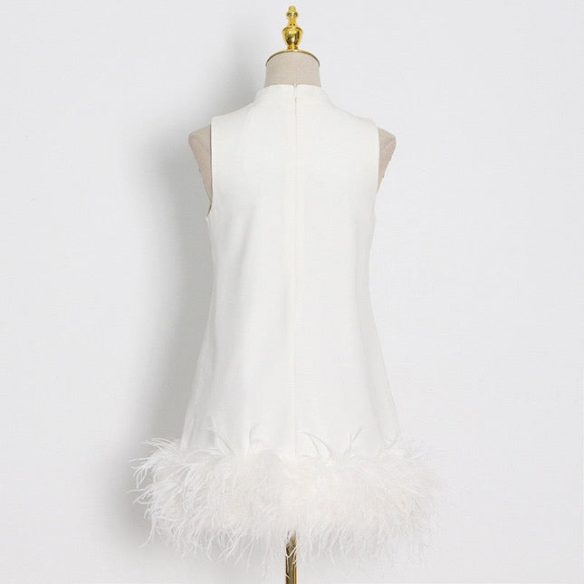 Ostrich Feather Turtleneck Sleeveless Shift Dress White-Dress-Productseeker-Urbanheer