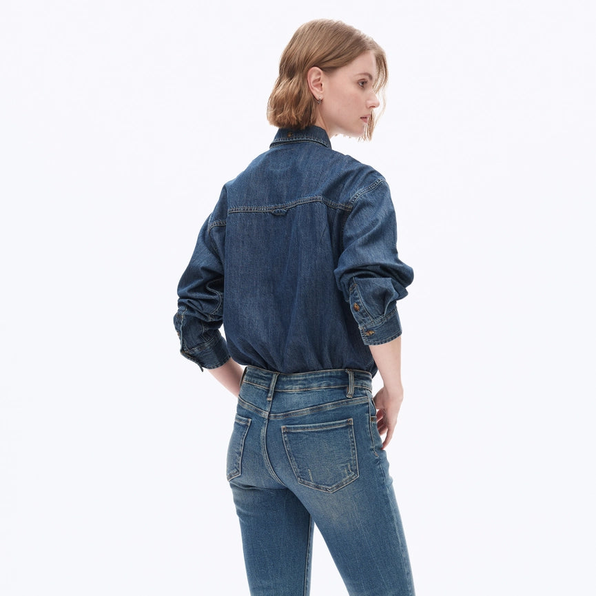 Oversize Long Sleeve Denim Shirt DARK BLUE-Shirts-BAYEAS-XS-DARK BLUE-Urbanheer