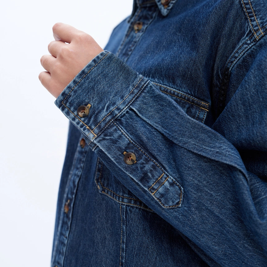 Oversize Long Sleeve Denim Shirt DARK BLUE-Shirts-BAYEAS-XS-DARK BLUE-Urbanheer