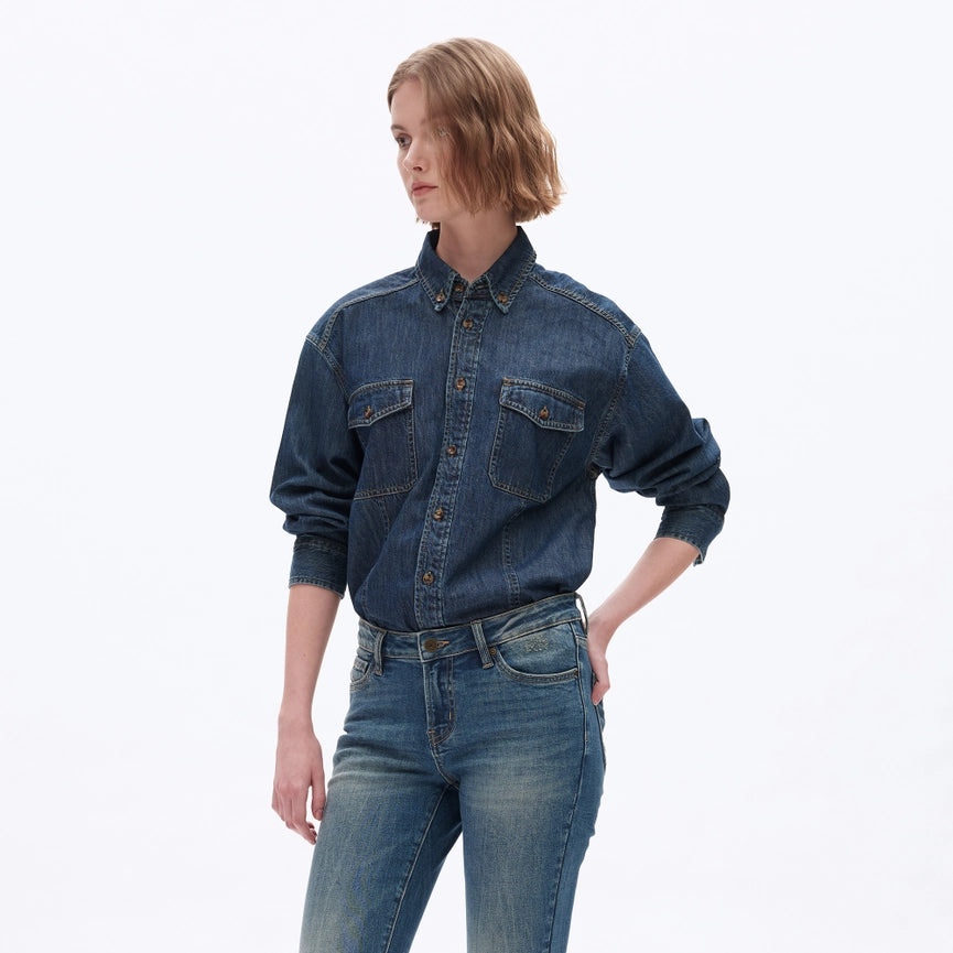 Oversize Long Sleeve Denim Shirt DARK BLUE-Shirts-BAYEAS-XS-DARK BLUE-Urbanheer