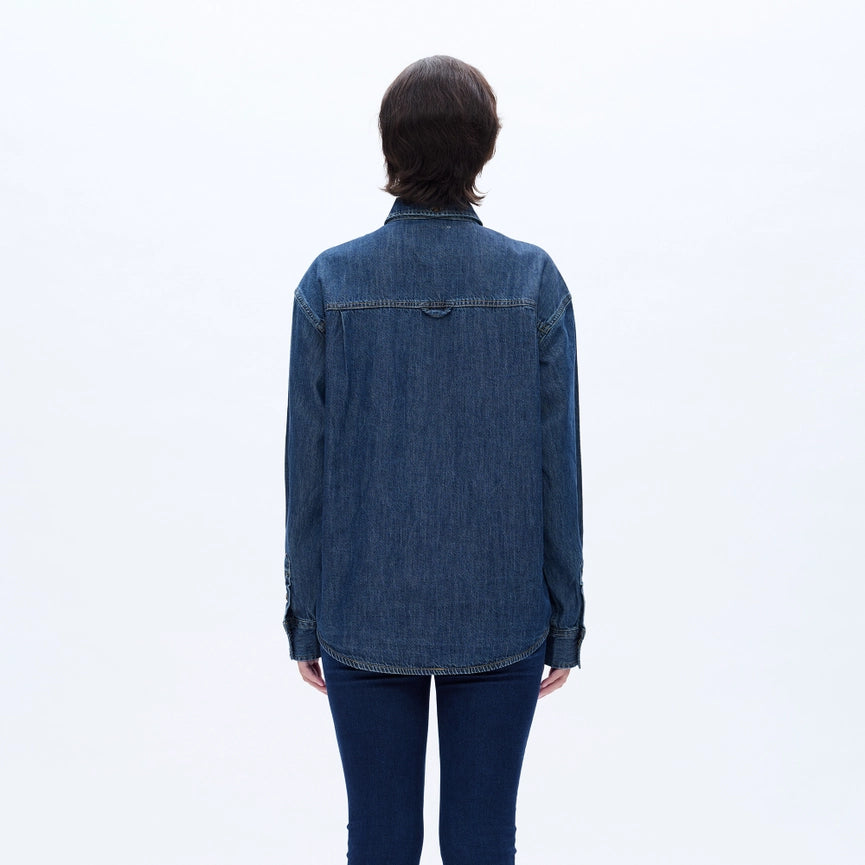 Oversize Long Sleeve Denim Shirt DARK BLUE-Shirts-BAYEAS-XS-DARK BLUE-Urbanheer