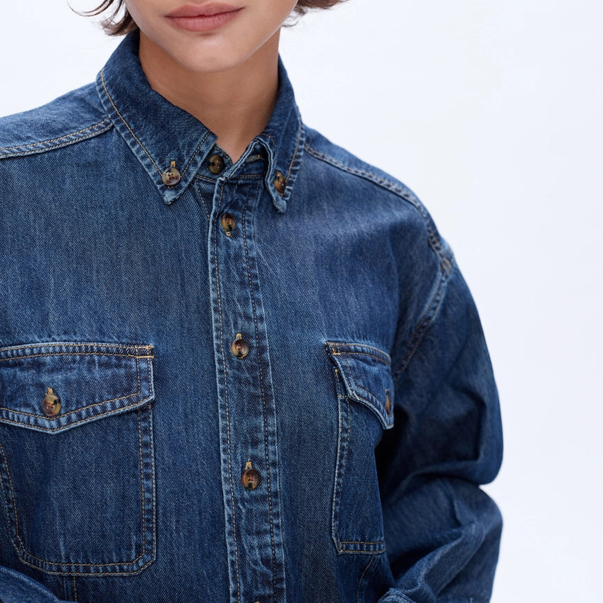 Oversize Long Sleeve Denim Shirt DARK BLUE-Shirts-BAYEAS-XS-DARK BLUE-Urbanheer