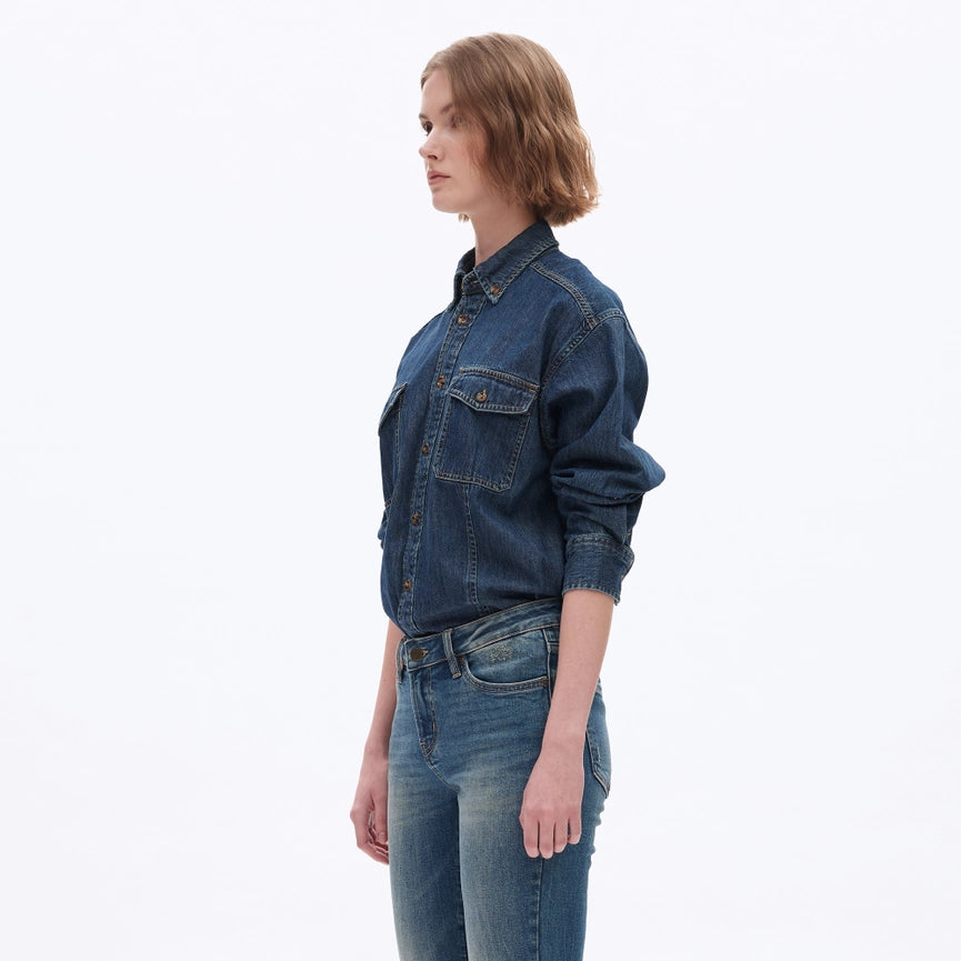 Oversize Long Sleeve Denim Shirt DARK BLUE-Shirts-BAYEAS-XS-DARK BLUE-Urbanheer