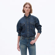 Oversize Long Sleeve Denim Shirt DARK BLUE-Shirts-BAYEAS-XS-DARK BLUE-Urbanheer