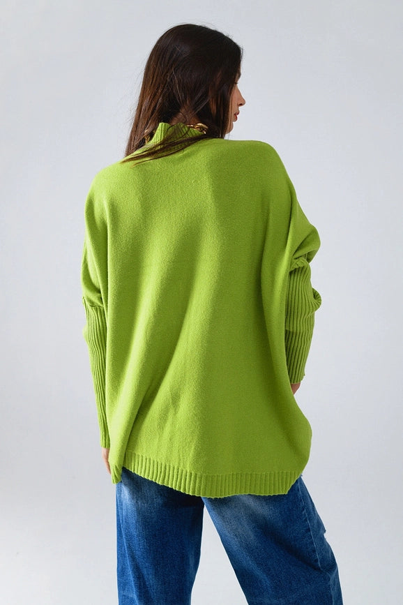 Oversized Cozy Green Sweater with Ribbed Sleeves-Sweaters-Q2-OS-Green-Urbanheer