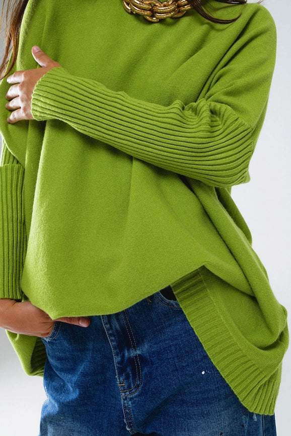 Oversized Cozy Green Sweater with Ribbed Sleeves-Sweaters-Q2-OS-Green-Urbanheer
