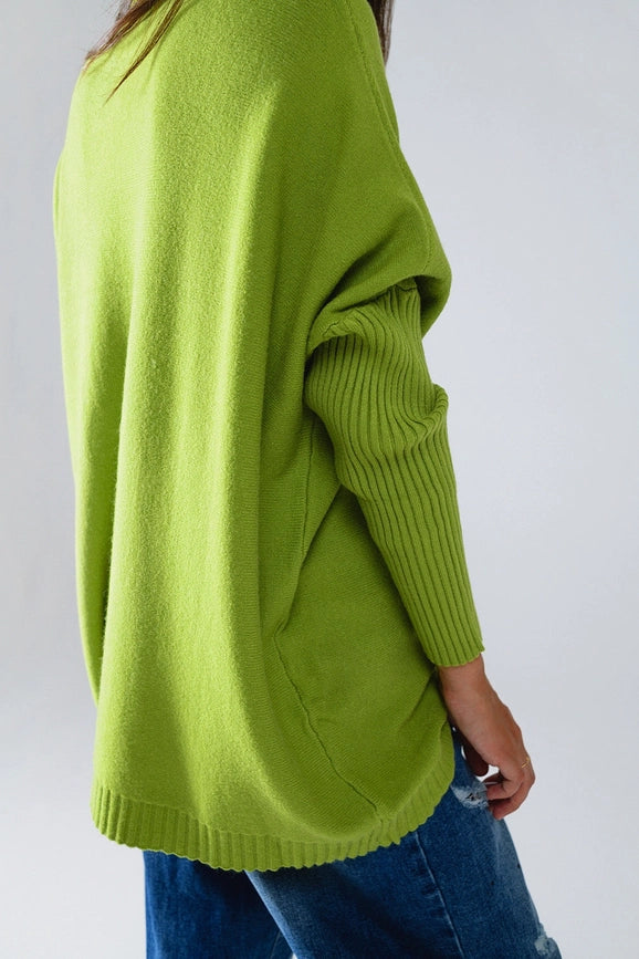 Oversized Cozy Green Sweater with Ribbed Sleeves-Sweaters-Q2-OS-Green-Urbanheer