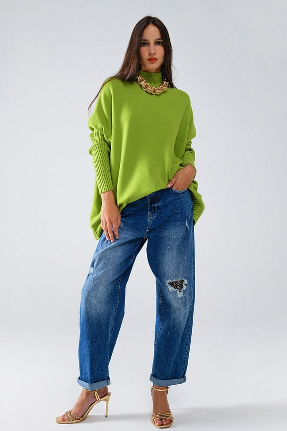 Oversized Cozy Green Sweater with Ribbed Sleeves-Sweaters-Q2-OS-Green-Urbanheer