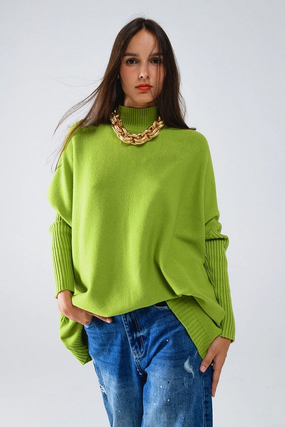 Oversized Cozy Green Sweater with Ribbed Sleeves-Sweaters-Q2-OS-Green-Urbanheer