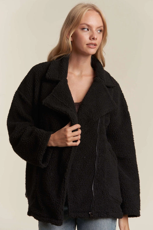 Oversized Faux Fur Zip Up Jacket with Longsleve BLACK-Jacket-Hers & Mine-S-BLACK-Urbanheer