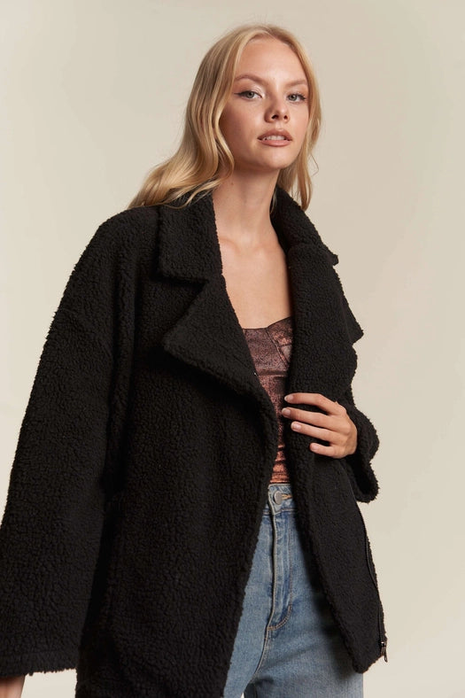 Oversized Faux Fur Zip Up Jacket with Longsleve BLACK-Jacket-Hers & Mine-S-BLACK-Urbanheer