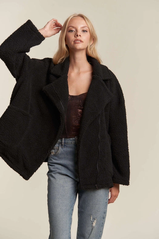 Oversized Faux Fur Zip Up Jacket with Longsleve BLACK-Jacket-Hers & Mine-S-BLACK-Urbanheer