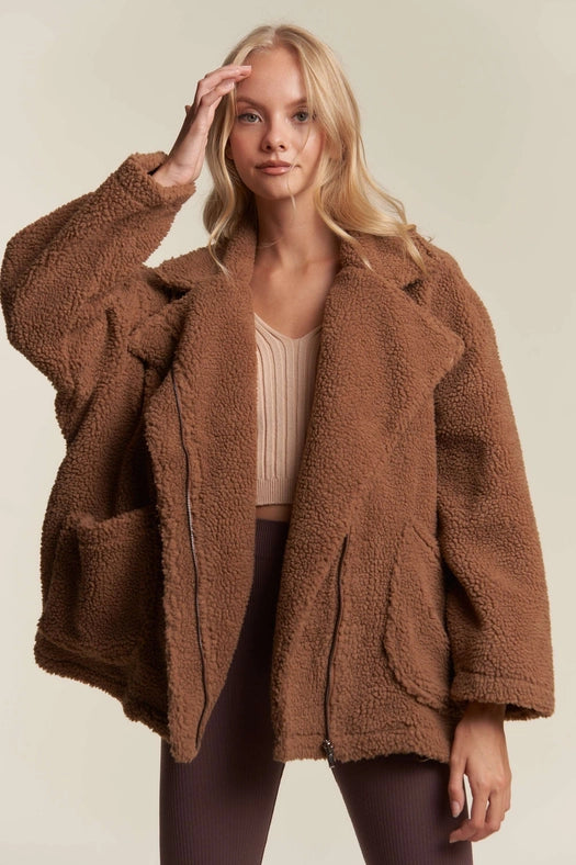 Oversized Faux Fur Zip Up Jacket with Longsleve MOCHA-Jacket-Hers & Mine-S-MOCHA-Urbanheer